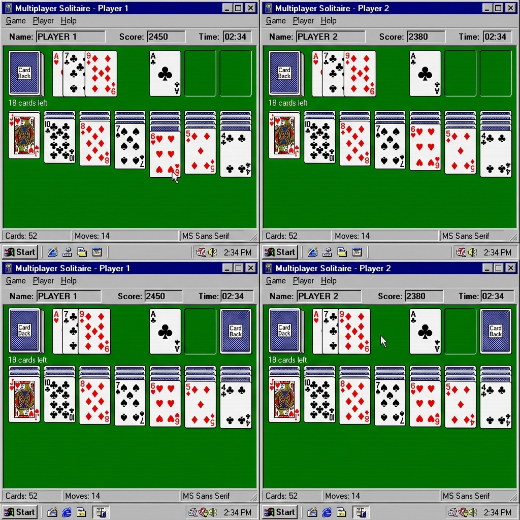 Split screen showing a retro Windows 95 style multiplayer solitaire card game, with Player 1 on the left side and Player 2 on the right side.